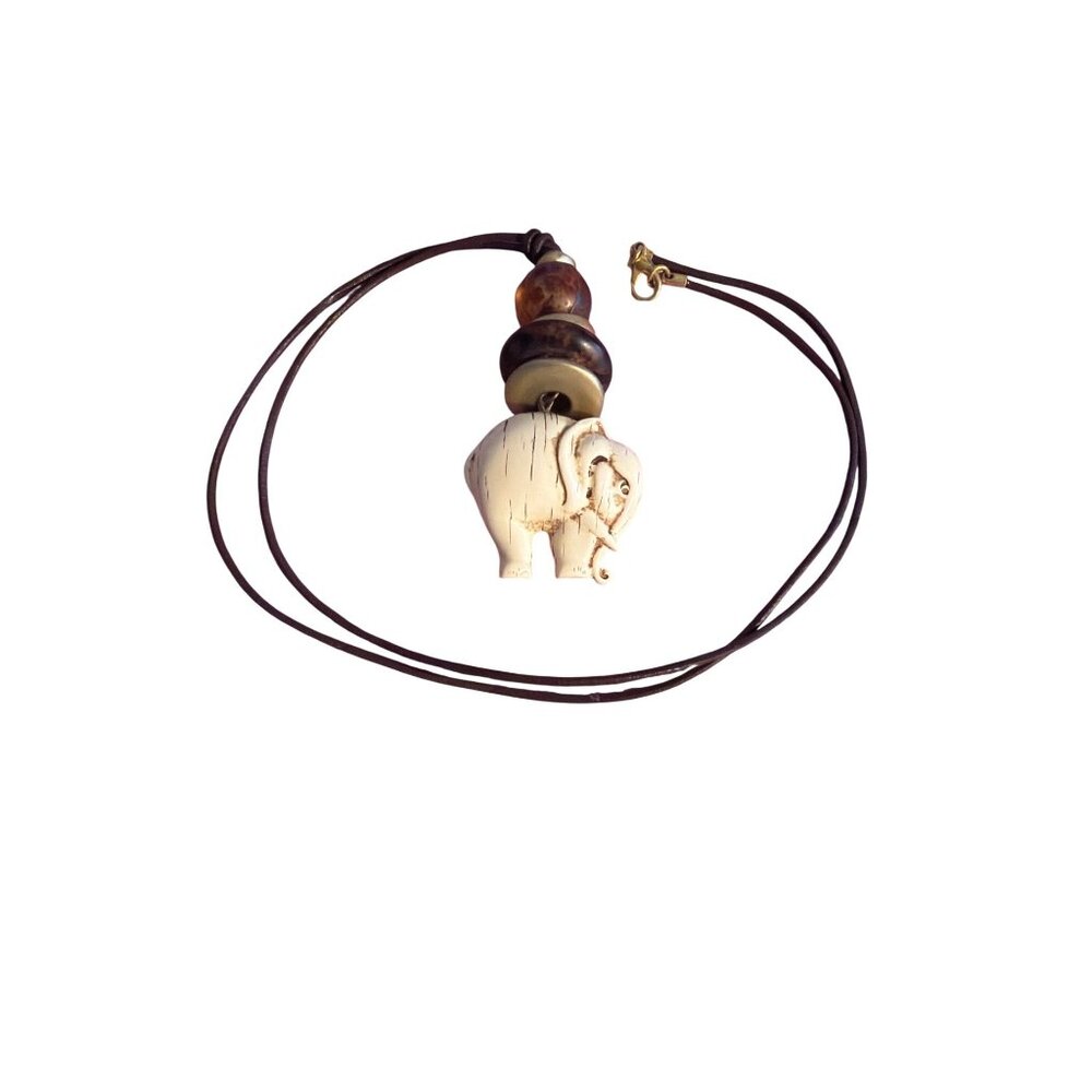 Vintage Elephant Pendant Necklace Leather Cord Beads Gold Tone 30" Estate 43.47"
